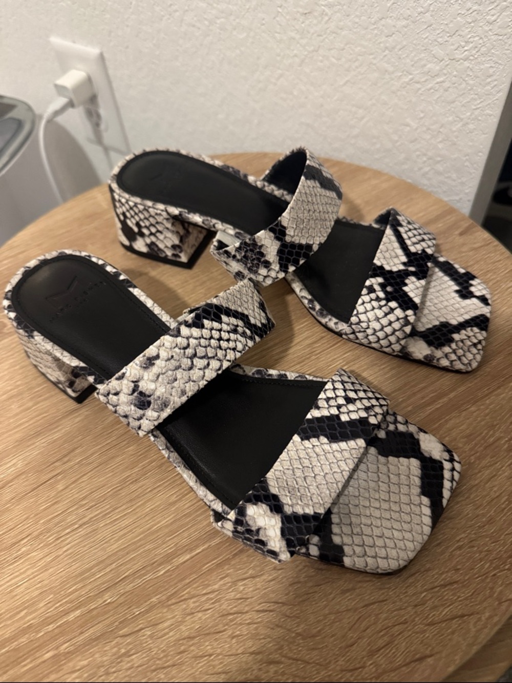 Marc Fisher Snake-Print Double Strap Block Heel Sandals - White/Black